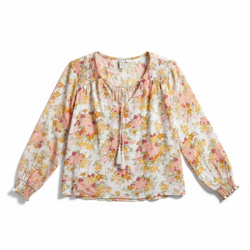 Joie Size L Floral Peasant Blouse Boho Cottagecore Metallic Tassel Long Sleeve